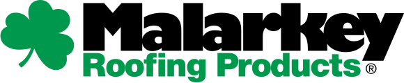 The logo for malarkey roofing products has a shamrock on it