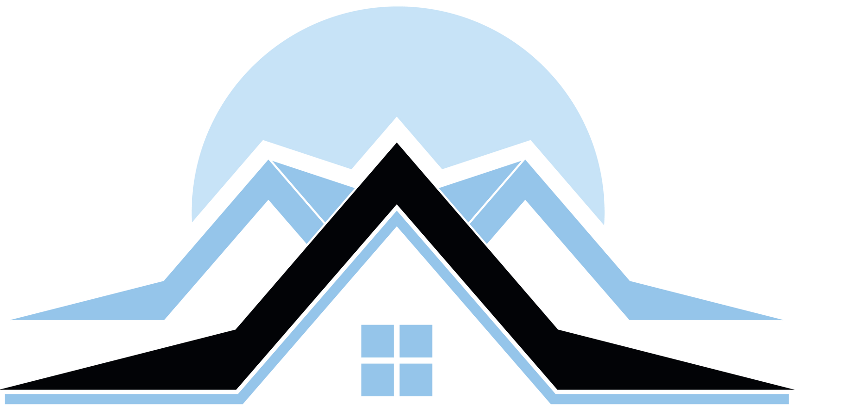 a black and white logo of a house with mountains in the background .