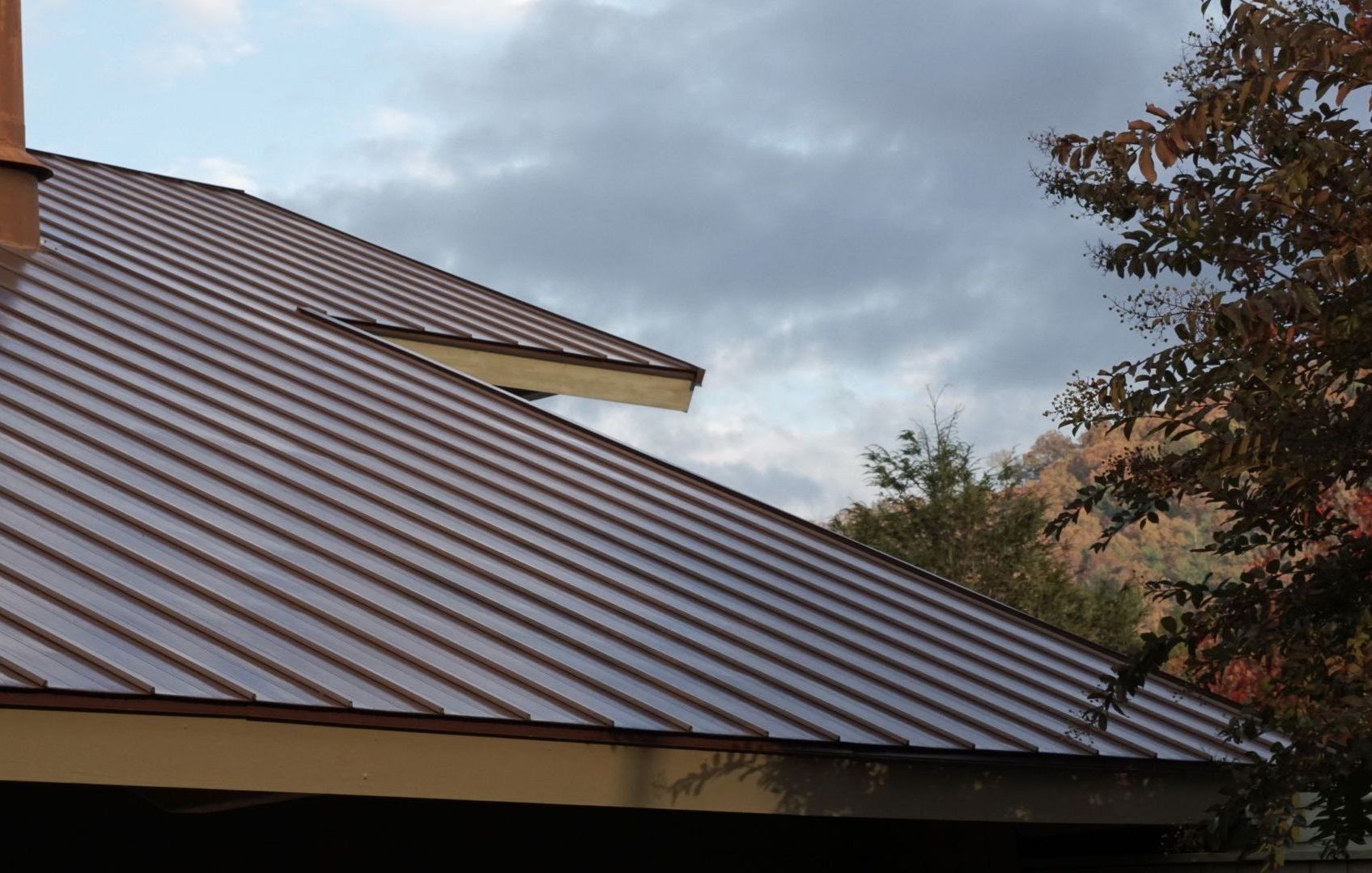 A roof with a chimney and trees in the background from Washington Roofing Services near Arlington WA